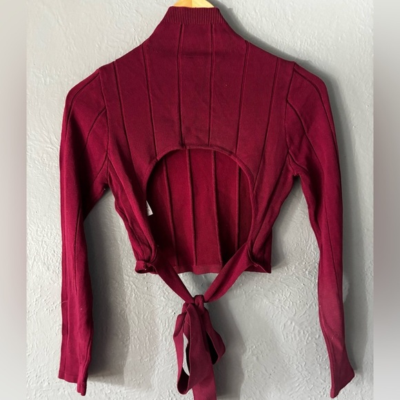 Windsor | ribbed | mock neck | open back | tie | burgundy | crop | top | L - Picture 5 of 9